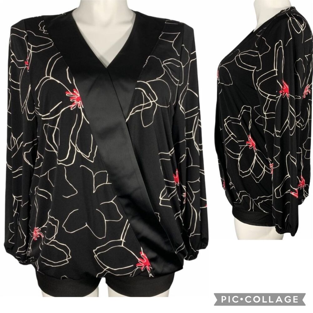 Alfani Womens Blouse Top Faux Wrap Floral Print Long Sleeves Black White Pink L